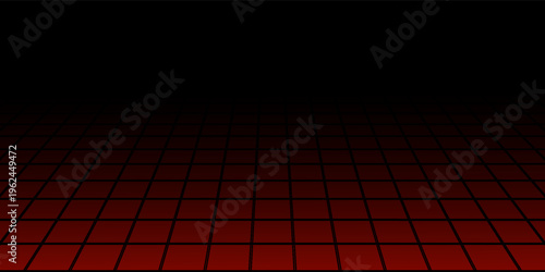 Red glowing neon wireframe background. Shining diagonal checkered grid planes in perspective. Retro futuristic depth wallpaper. Arcade game sci fi matrix surface backdrop for poster, banner. Vector