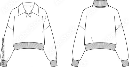 WebBlack and white technical fashion illustration showcasing cropped long‑sleeve sweatshirts with collared neckline and turtleneck design, ribbed cuffs, waistband, and relaxed fit silhouette.