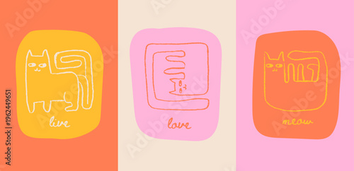 Imperfect hand drawn funny cats in abstract color spots. Set of minimalist greeting cards with weird doodle animals. Sketch scribble ink vector illustration for funky ugly cute poster. Live love meow