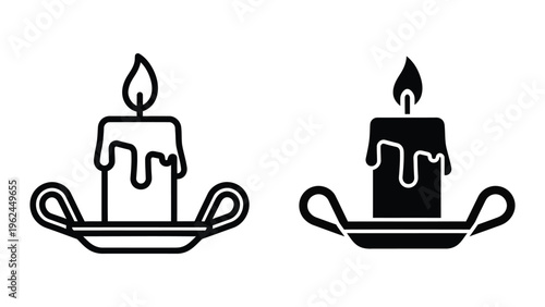Contrasting styles of candle holders with lit candles in black and white line art