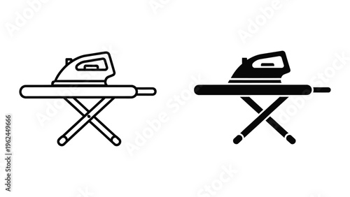Ironing board with iron in contrasting line styles for visual emphasis