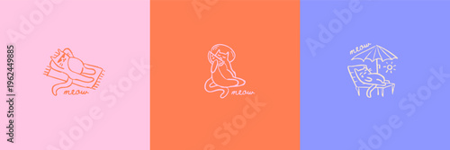 Imperfect hand drawn funny cats on summer vacation. Set of colorful minimalist square cards with weird doodle animals sunbathing and eating watermelon. Sketch scribble vector illustration for print.