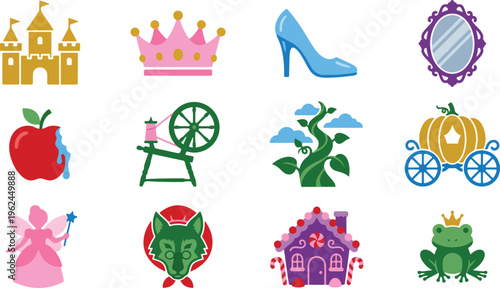 Collection of iconic fairytale elements including a castle, crown, glass slipper mirror poisoned apple spinning wheel beanstalk pumpkin carriage fairy wolf gingerbread house and a frog