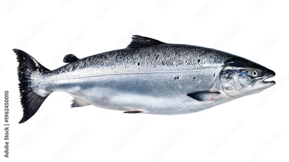 Obraz premium A fresh whole raw Atlantic salmon from a side profile with detailed silvery scales and clear eyes representing premium sustainable seafood isolated on transparent background.