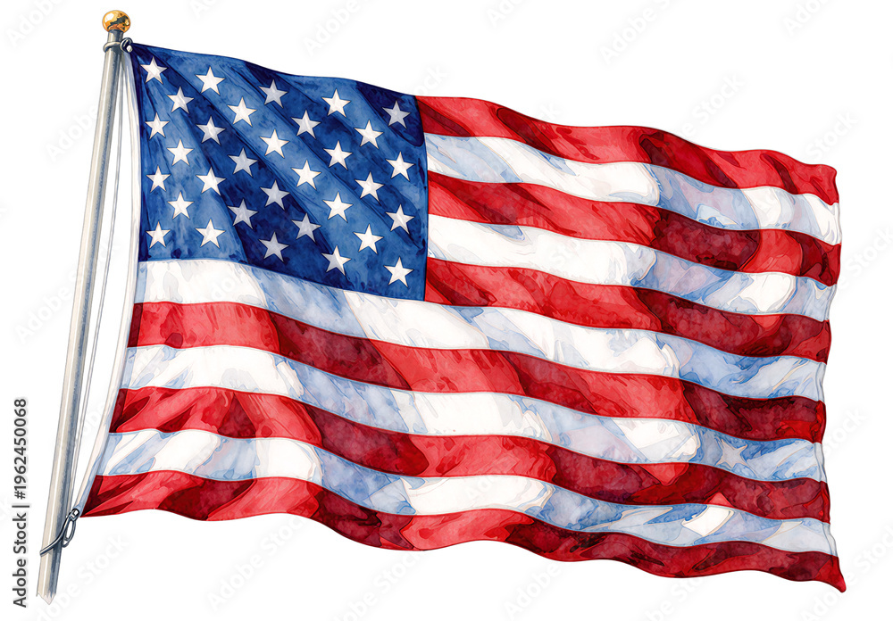 Obraz premium watercolor american flag waving on a pole, patriotic usa symbol.