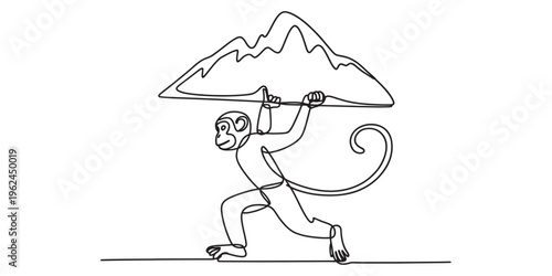 Photography monkey carrying mountain, one line drawing, simple illustration