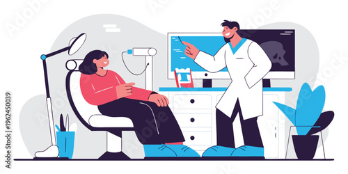 A dentist explaining the dental treatment plan to a patient sitting in the dental chair at clinic