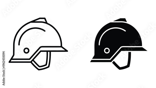 Comparison of a white and black hard hat design with visor and chin strap