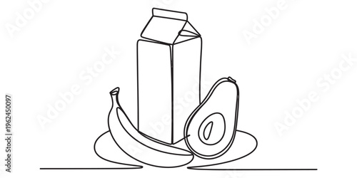 healthy food line drawing, fruit and milk carton