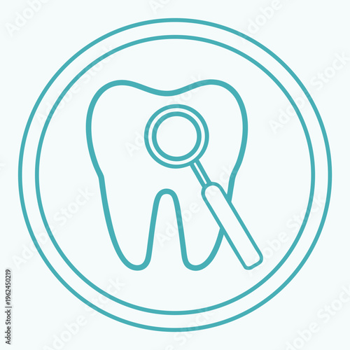 A minimalist linear icon showing a dental examination tool inspecting a molar tooth illustration