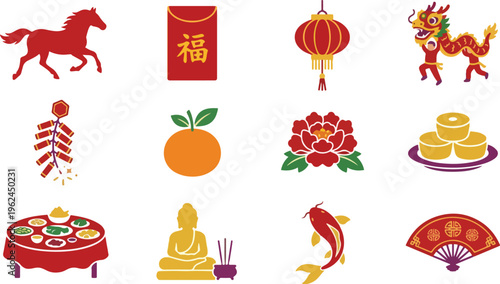Collection of chinese new year festive icons including a horse, red envelope, lantern dragon firecrackers orange peony cakes a food table buddha statue koi fish and a fan.