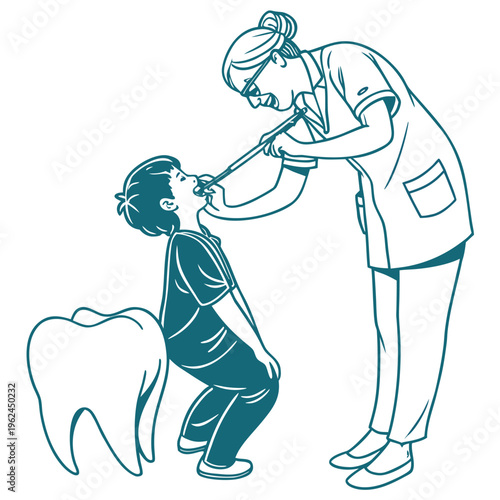 A professional dentist providing a routine dental checkup to a young child in a clinical setting