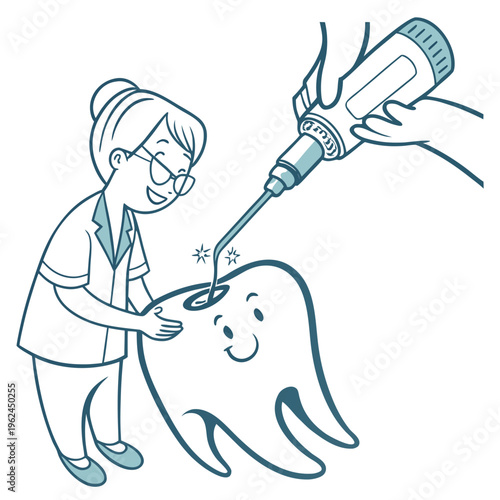 A friendly dentist performing a dental procedure on a cute smiling tooth character illustration