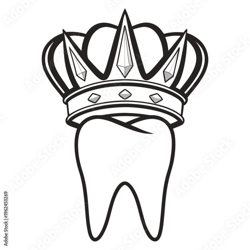 A black and white line art illustration of a single molar tooth wearing a royal golden crown
