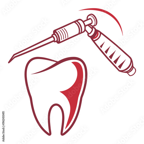 A red vector illustration featuring a dental syringe positioned above a stylized human tooth icon