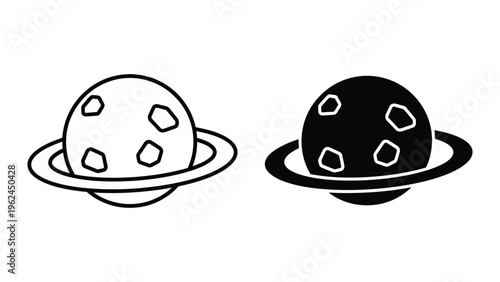 Contrasting depictions of a ringed planet with crater-like hexagonal patterns