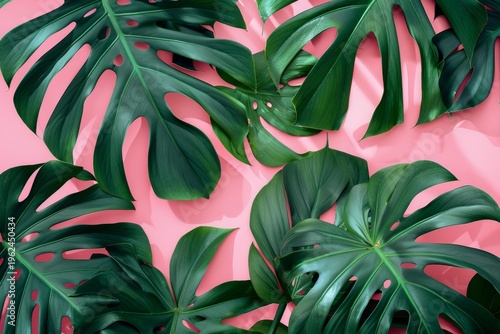 Vibrant green monstera leaves arranged on a pink background creating a striking tropical pattern