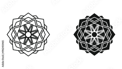 Intricate geometric patterns of star polygons with contrasting black and white designs