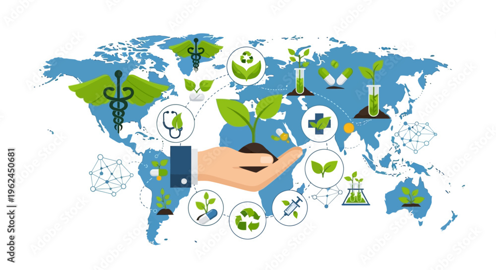 Fototapeta premium Global Green Healthcare & Biotechnology: Sustainable Medicine, Natural Remedies, and Eco-Friendly Research