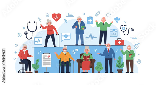 Comprehensive Senior Healthcare and Elderly Well-being Concept. Diverse Older Adults with Medical Support Icons for Active Aging.