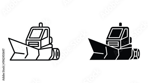 Contrasting black and white icons of a snowplow vehicle on a boat