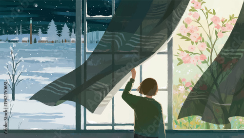 Illustration Of A Window Frame Divided Left By A Snow Storm, Right By A Flowering Garden With Morning Light, A Person Standing In The Middle Opening The Curtains Vector Design Template