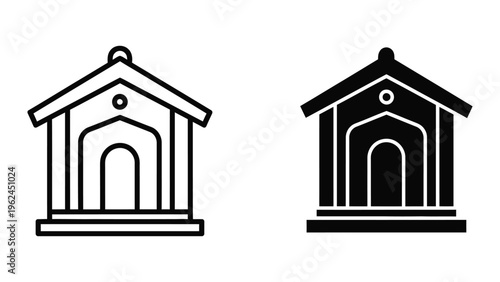 Contrasting architectural styles of a classical temple in outline and filled formats
