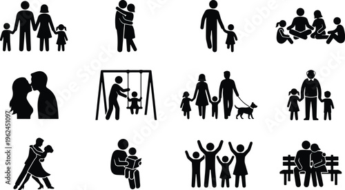 Various stick figures depict families and couples engaged in different activities together illustrating togetherness and connection.