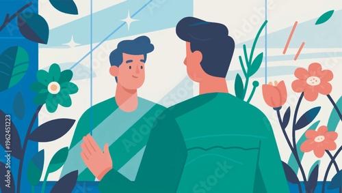 Illustration Of A Character Standing In Front Of A Mirror, The Reflection Shows A Brighter Version Of Himself Surrounded By Flowers Vector Design Template