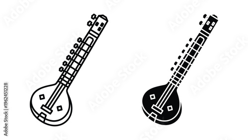 Two traditional indian string instruments depicted in contrasting black and white designs