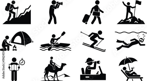 Collection of black stick figure icons depict various outdoor recreational activities and travel concepts including hiking photography travel skiing camping kayaking snorkeling.