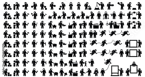 Lunar Base Construction Silhouettes Set Pack. Editable Vector Stroke Illustration. featuring astronaut, space, worker, icon, silhouette, vector, graphic, pattern, labor, task, building, lifting more