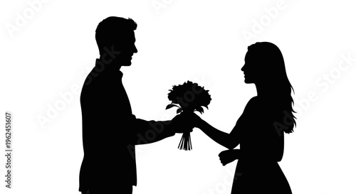 Romantic silhouette of a man giving a bouquet to a woman on a white background