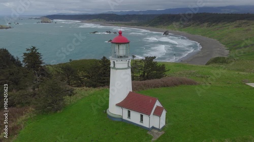 Aerial view of Cape Blanco lighthouse on the Oregon coast.