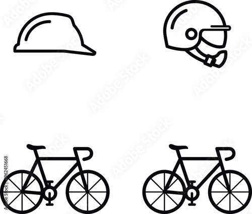 Bicycle icons, cycling helmets, bike accessories, vector illustrations