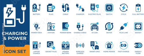 Charging and power icon set. Electric vehicle station, battery, wireless charger, smart grid, power bank and energy flow vector symbols.