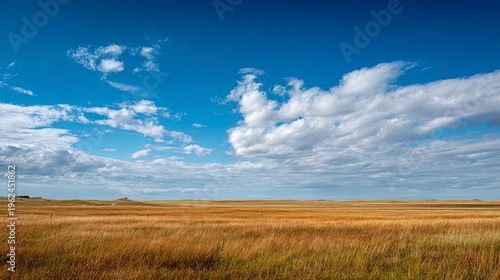 Golden Prairie Under Vast Blue Sky with Puffy Clouds Drift.
