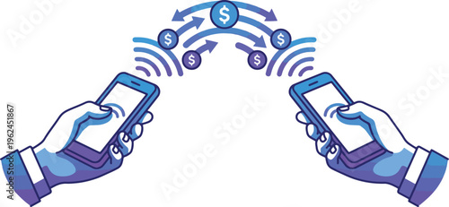 Two hands hold smartphones with dollar coins transferring between them via wireless signals indicated by blue arrows.