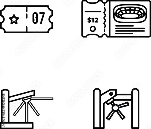 Vector icons of market stalls and cameras, black line and silhouette graphics