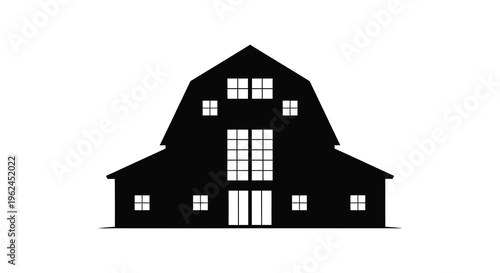 Silhouette of a traditional dutch barn with multiple windows and a door