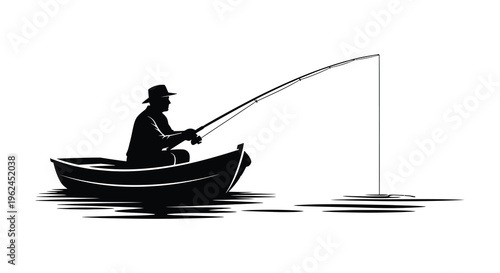 Silhouette of a man fishing in a small boat on calm water with a large catch