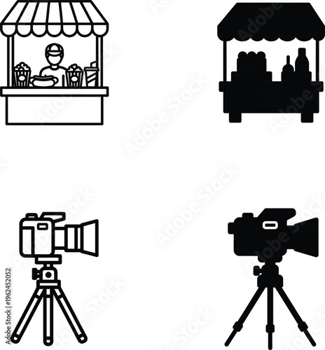 Vector icons of market stall, camera equipment, photography tools