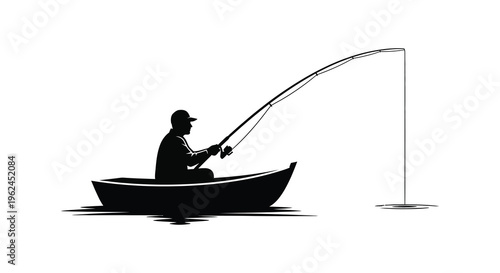 Silhouette of a man fishing in a small boat on calm water with a large fishing rod