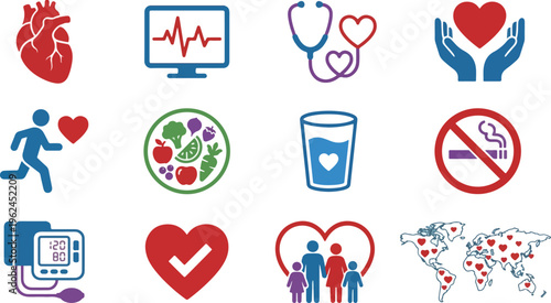 Collection of simple flat icons representing various aspects of health and well being including a heart, electrocardiogram, stethoscope hands holding heart running person healthy food water glass