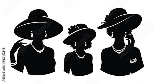 Silhouette of three women in hats and jewelry on a white background