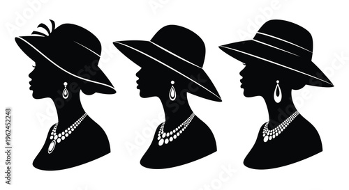 Three women in hats silhouette profile portraits