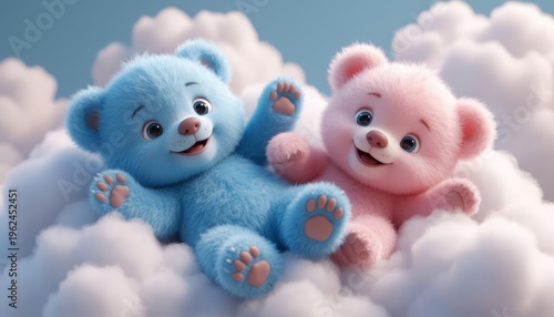 Two teddy bears, one blue and one pink, are playfully lying on fluffy clouds. The blue bear and pink bear look happy while enjoying their time on the soft clouds.