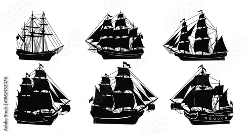 Six historic sailing ships in silhouette on a white background
