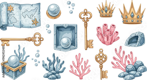 Underwater Treasure Collection Featuring Vintage Keys, Crowns, Coral, Map, Chest and Pearls Fantasy Ocean Adventure Vector Illustration Set