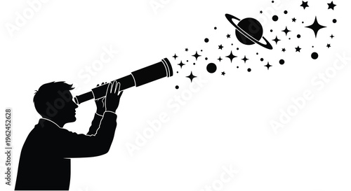 Silhouette of a man looking through a telescope at a planet and stars